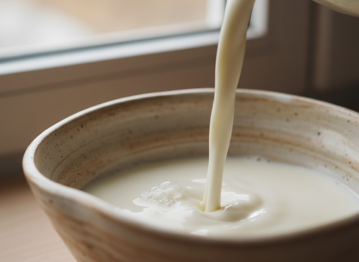 Kéfir cremoso siendo vertido en un bowl de cerámica artesanal