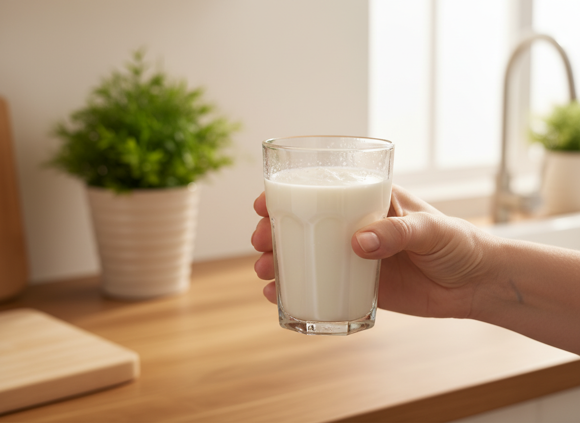 Mano sosteniendo un vaso frío de kéfir cremoso en una cocina luminosa